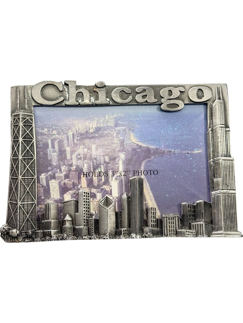 Vintage Chicago Skyline Metal Picture Frame Magnet Holds 3" x 2" Photo 3x2